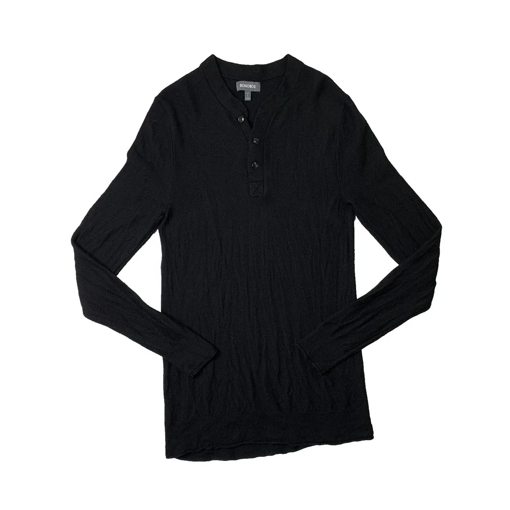 Bonobos Sweater Mens L Large Black Merino Wool Henley SLIM Fit Knit Pullover